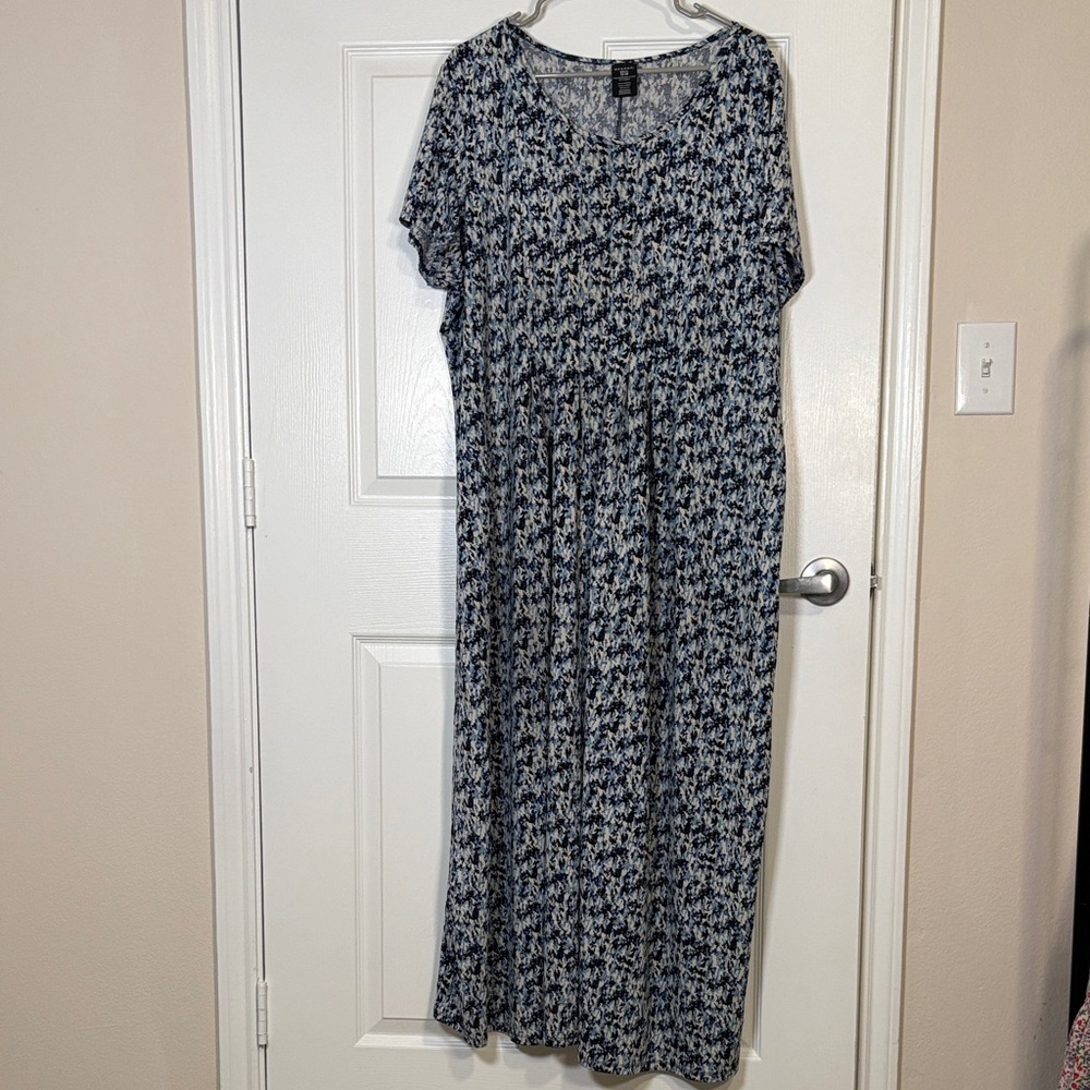 George 3X 22/24 Blue Abstract Print Maxi Dress Stretch Short Sleeve